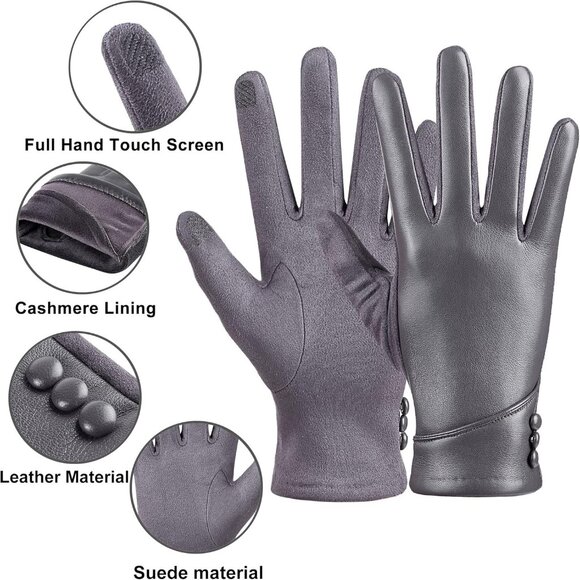 Women's Winter Leather Gloves Touch Screen Wool Lined Windproof Warm Suede Grey - Picture 4 of 7